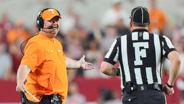 Tennessee coach Josh Heupel talks with an official during a college football game at Bryant-Denny Stadium in Tuscaloosa, Ala., on Oct. 18, 2025.
