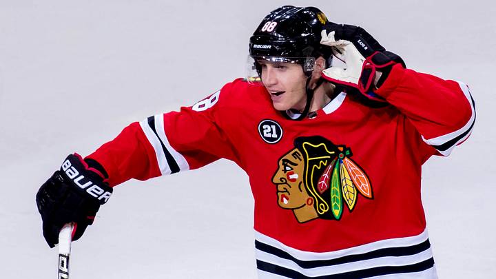 Oct 7, 2018; Chicago, IL, USA; Chicago Blackhawks right wing Patrick Kane (88) celebrates his goal during the third period against the Toronto Maple Leafs at United Center. Mandatory Credit: Patrick Gorski-USA TODAY Sports