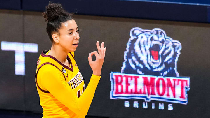 Minnesota Golden Gophers guard Tori McKinney (14) celebrates a 3-pointer Wednesday, April 2, 2025, during the WBIT championship game between the Minnesota Golden Gophers and the Belmont Bruins at Hinkle Fieldhouse in Indianapolis.