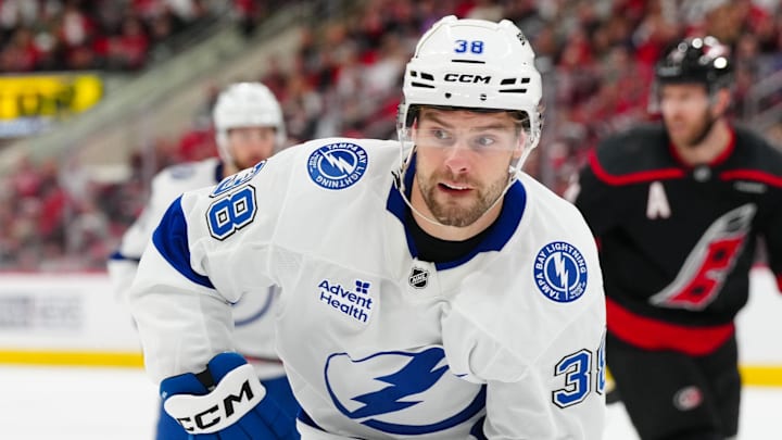 Tampa Bay Lightning left wing Brandon Hagel skates against the Carolina Hurricanes during the third period at Lenovo Center.