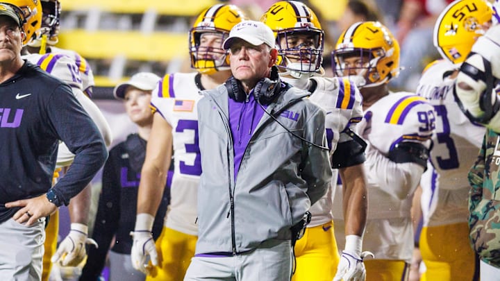 Nov 9, 2024; Baton Rouge, Louisiana, USA;  LSU Tigers head coach Brian Kelly looks on against the Alabama Crimson Tide during the second half at Tiger Stadium. Mandatory Credit: Stephen Lew-Imagn Images