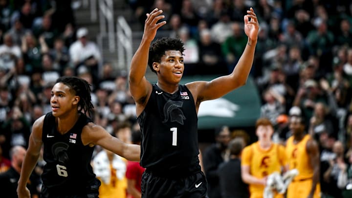Michigan State's Jeremy Fears Jr. celebrates after his assist to Kur Teng during the second half in the game against USC on Monday, Jan. 5, 2026, at the Breslin Center in East Lansing.