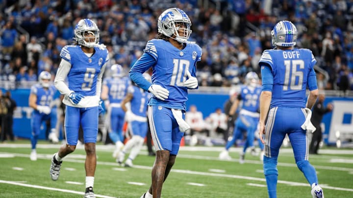 Lions quarterback Teddy Bridgewater warms up before the NFC divisional playoff game between the Lions and Buccaneers at Ford Field on Sunday, Jan, 21, 2024.