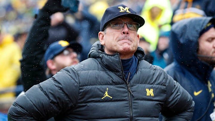 Michigan coach Jim Harbaugh looks on from the sidelines during the Wolverines' game against Indiana