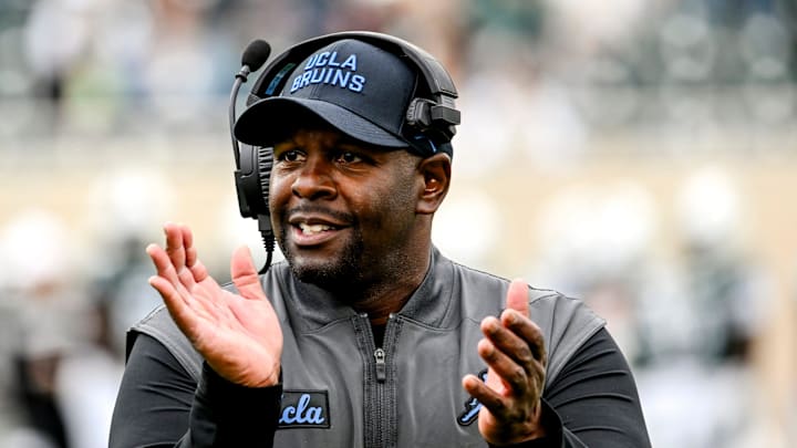 UCLA's interim head coach Tim Skipper celebrates after a Bruins touchdown against Michigan State during the third quarter on Saturday, Oct. 11, 2025, at Spartan Stadium in East Lansing.