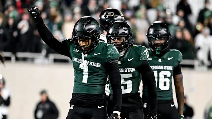 Michigan State's Nikai Martinez celebrates after a defensive stop against Purdue during the second quarter on Friday, Nov. 22, 2024, at Spartan Stadium in East Lansing.