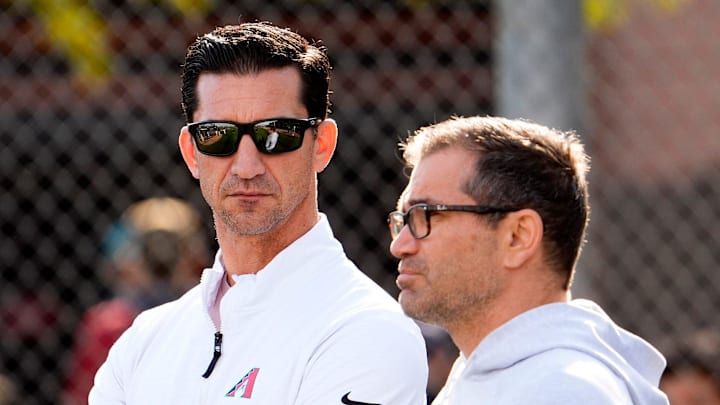 Arizona Diamondbacks Executive Vice President and General Manager Mike Hazen and Senior Vice President & Assistant General Manager Amiel Sawdaye (right) during spring training practice at Salt River Fields at Talking Stick in Phoenix on Feb. 13, 2025. Arizona Diamondbacks Executive Vice President and General Manager Mike Hazen and Senior Vice President & Assistant General Manager Amiel Sawdaye (right) during spring training practice at Salt River Fields at Talking Stick in Phoenix on Feb. 13, 2025.