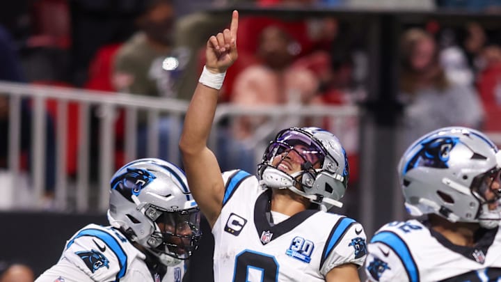 Jan 5, 2025; Atlanta, Georgia, USA; Carolina Panthers quarterback Bryce Young (9) celebrates after a touchdown against the Atlanta Falcons in the fourth quarter at Mercedes-Benz Stadium. Mandatory Credit: Brett Davis-Imagn Images