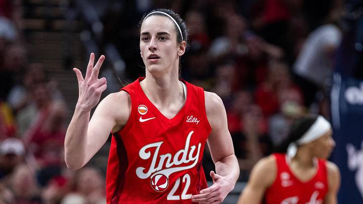Jun 4, 2026; Indianapolis, Indiana, USA; Indiana Fever guard Caitlin Clark (22) gestures after making a three-point basket in the second half against the Atlanta Dream at Gainbridge Fieldhouse. Mandatory Credit: Trevor Ruszkowski-Imagn Images