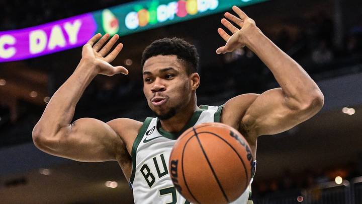 Milwaukee Bucks forward Giannis Antetokounmpo (34) reacts after dunking against the Portland Trail Blazers in the second quarter during a game at Fiserv Forum on November 21, 2022. Milwaukee Bucks forward Giannis Antetokounmpo (34) reacts after dunking against the Portland Trail Blazers in the second quarter during a game at Fiserv Forum on November 21, 2022.