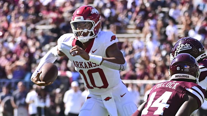 Arkansas Razorbacks quarterback Taylen Green (10) runs the ball against the Mississippi State Bulldogs during the first quarter at Davis Wade Stadium at Scott Field.