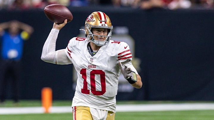 Sep 14, 2025; New Orleans, Louisiana, USA;  San Francisco 49ers quarterback Mac Jones (10) passes against the New Orleans Saints during the second half at Caesars Superdome. Mandatory Credit: Stephen Lew-Imagn Images