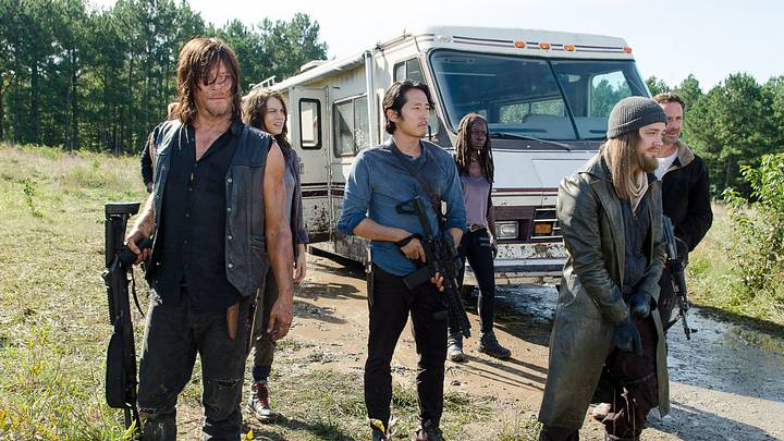Norman Reedus as Daryl Dixon, Lauren Cohan as Maggie Greene, Steven Yeun as Glenn Rhee, Danai Gurira as Michonne, Andrew Lincoln as Rick Grimes, and Tom Payne as Jesus – The Walking Dead _ Season 6, Episode 11 – Photo Credit: Gene Page/AMC