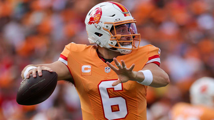 Oct 15, 2023; Tampa, Florida, USA;  Tampa Bay Buccaneers quarterback Baker Mayfield (6) drops back to pass against the Detroit Lions in the first quarter at Raymond James Stadium. Mandatory Credit: Nathan Ray Seebeck-Imagn Images