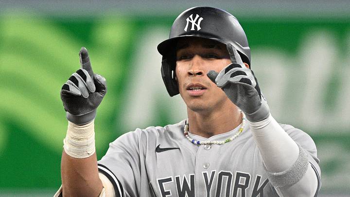 Sep 27, 2022; Toronto, Ontario, CAN;  New York Yankees right fielder Oswaldo Cabrera (95) celebrates hitting a single against the Toronto Blue Jays in the fourth inning at Rogers Centre. Mandatory Credit: Dan Hamilton-USA TODAY Sports