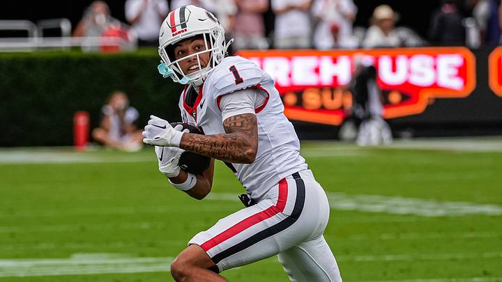 Sep 12, 2026; Athens, Georgia, USA; Georgia Bulldogs wide receiver Talyn Taylor (1) runs after a catch against the Western Kentucky Hilltoppers at Sanford Stadium. Mandatory Credit: Dale Zanine-Imagn Images