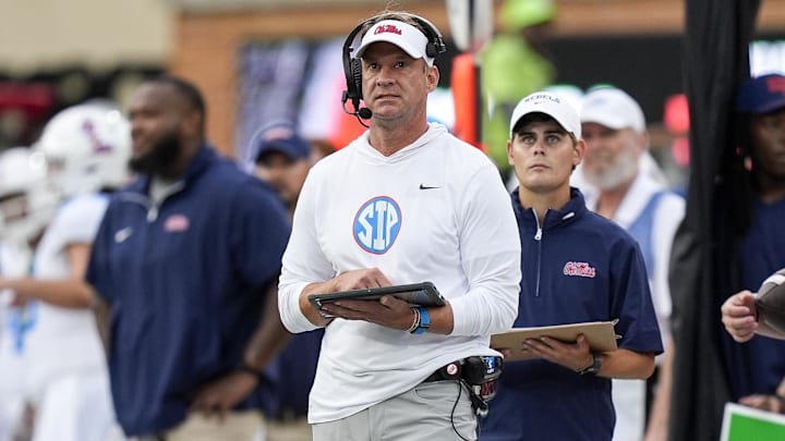 Sep 14, 2024; Winston-Salem, North Carolina, USA;  Mississippi Rebels head coach Lane Kiffin during the first half against the Wake Forest Demon Deacons at Allegacy Federal Credit Union Stadium. Mandatory Credit: Jim Dedmon-Imagn Images