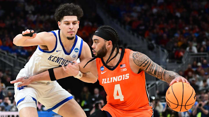 Mar 23, 2025; Milwaukee, WI, USA;  Illinois Fighting Illini guard Kylan Boswell (4) dribbles against Kentucky Wildcats guard Koby Brea (4) during the first half in the second round of the NCAA Tournament at Fiserv Forum. Mandatory Credit: Benny Sieu-Imagn Images