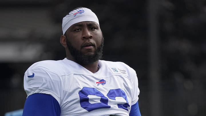 Bills Zion Logue takes a breather after running a drill at Buffalo Bills Training Camp at St. John Fisher University in Pittsford on Aug. 6, 2026. Bills Zion Logue takes a breather after running a drill at Buffalo Bills Training Camp at St. John Fisher University in Pittsford on Aug. 6, 2026.