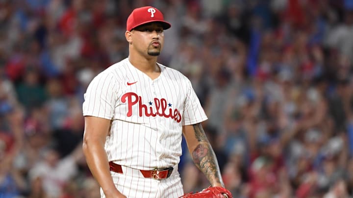 Aug 19, 2025; Philadelphia, Pennsylvania, USA; Philadelphia Phillies pitcher Jhoan Duran (59) reacts after gettin final out during the ninth inning against the Seattle Mariners at Citizens Bank Park.