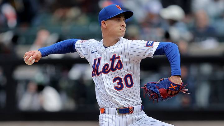 Apr 30, 2026; New York City, New York, USA; New York Mets pitcher Luke Weaver (30) pitches against the Washington Nationals during the eighth inning at Citi Field. Mandatory Credit: Brad Penner-Imagn Images