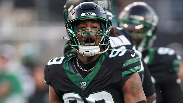 Dec 1, 2024; East Rutherford, New Jersey, USA; New York Jets defensive end Will McDonald IV (99) reacts after a defensive stop during the second half against the Seattle Seahawks at MetLife Stadium. Mandatory Credit: Vincent Carchietta-Imagn Images