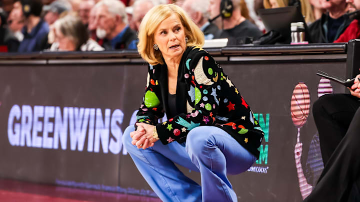 Jan 24, 2025; Columbia, South Carolina, USA; LSU Lady Tigers head coach Kim Mulkey directs her team against the South Carolina Gamecocks in the first half at Colonial Life Arena. Mandatory Credit: Jeff Blake-Imagn Images Jan 24, 2025; Columbia, South Carolina, USA; LSU Lady Tigers head coach Kim Mulkey directs her team against the South Carolina Gamecocks in the first half at Colonial Life Arena. Mandatory Credit: Jeff Blake-Imagn Images