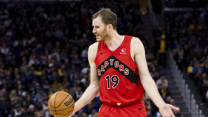 Mar 20, 2025; San Francisco, California, USA; Toronto Raptors center Jakob Poeltl (19) reacts during the fourth quarter against the Golden State Warriors at Chase Center. Mandatory Credit: John Hefti-Imagn Images