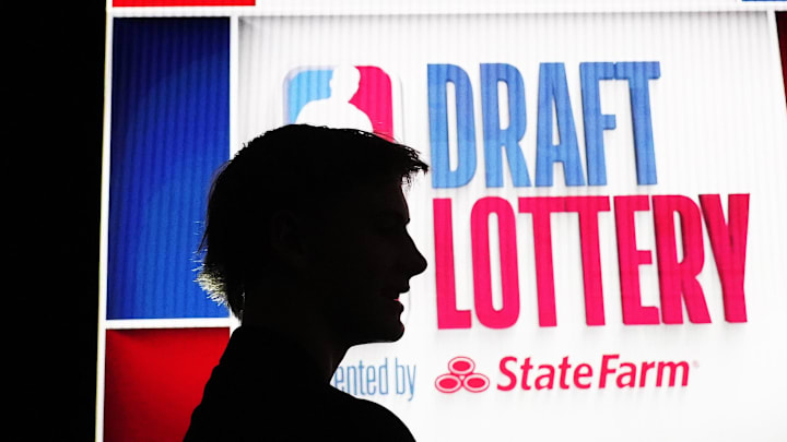 May 12, 2024; Chicago, IL, USA; Kansas’ Johnny Furphy NBA  at the Draft Lottery at McCormick Place West. Mandatory Credit: David Banks-Imagn Images