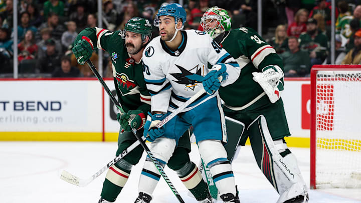 Mar 28, 2024; Saint Paul, Minnesota, USA; Minnesota Wild defenseman Jake Middleton (5) and San Jose