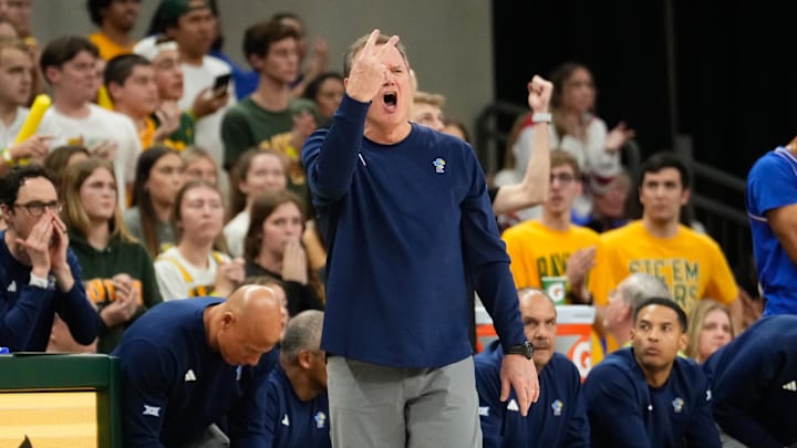 Feb 1, 2025; Waco, Texas, USA; Kansas Jayhawks head coach Bill Self calls a play against the Baylor Bears during the second half at Paul and Alejandra Foster Pavilion. Mandatory Credit: Chris Jones-Imagn Images