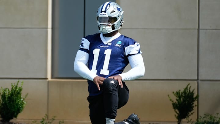 Dallas Cowboys linebacker Micah Parson warms up during practice at the Ford Center at the Star Training Facility in Frisco, Texas.