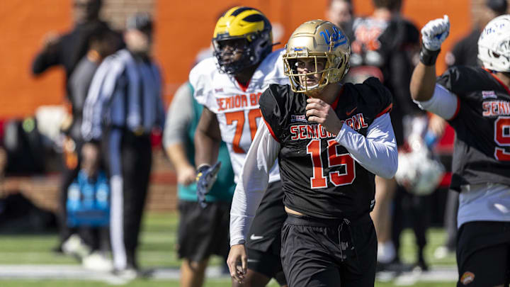 Jan 30, 2024; Mobile, AL, USA; National edge Laiatu Latu of UCLA (15) practices ahead of this past NCAA season's Senior Bowl.