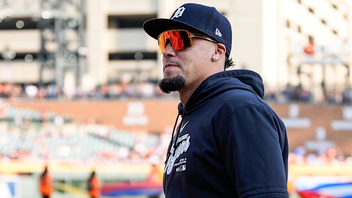 Detroit Tigers shortstop Javier Baez walks off the field as the Tigers honor Latino players before the game against Baltimore Orioles at Comerica Park in Detroit on Saturday, September 14, 2024.