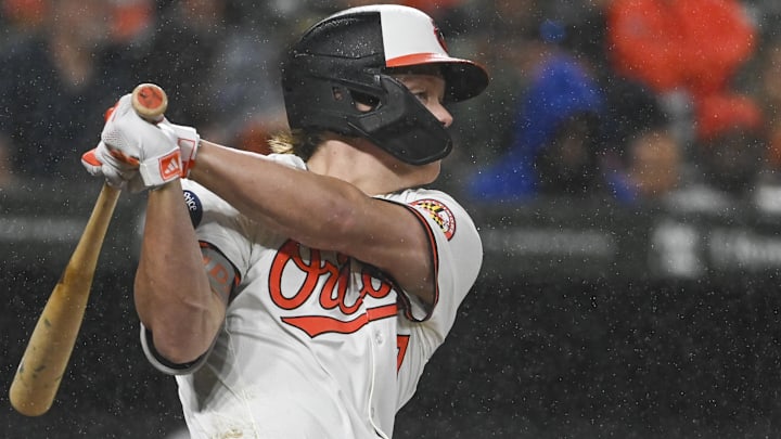 Sep 18, 2024; Baltimore, Maryland, USA;  Baltimore Orioles second base Jackson Holliday (7) swings through a third inning single against the San Francisco Giants at Oriole Park at Camden Yards. 