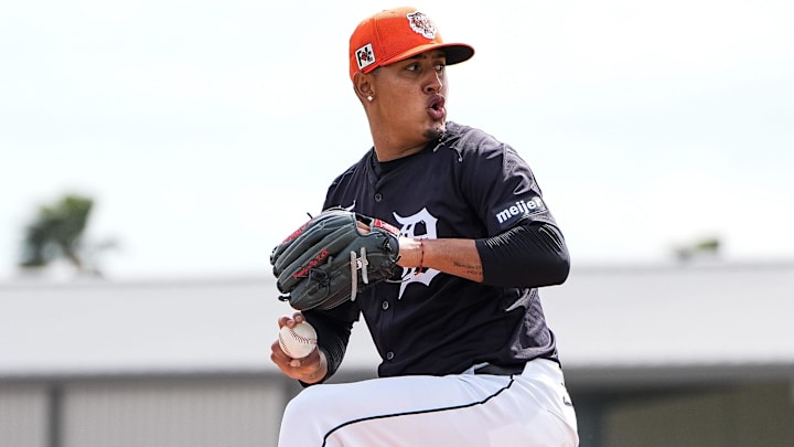 Detroit Tigers pitcher Keider Montero throws live batting practice during spring training at TigerTown in Lakeland, Fla. on Wednesday, Feb. 19, 2025.