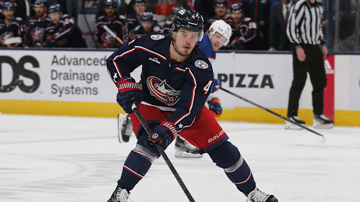 Mar 7, 2024; Columbus, Ohio, USA; Columbus Blue Jackets Forward Cole Sillinger (4) looks to pass