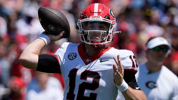 Georgia quarterback Ryan Puglisi (12) looks to throw a pass during the Georgia G-Day spring football game in Athens, Ga., on Saturday, April 12, 2025.