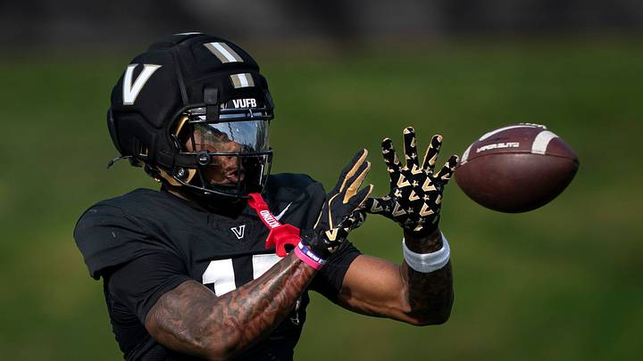 Vanderbilt wide receiver Joseph McVay (15) goes through receiving drills during practice at Vanderbilt University's McGugin Center practice fields Thursday, April 2, 2026.