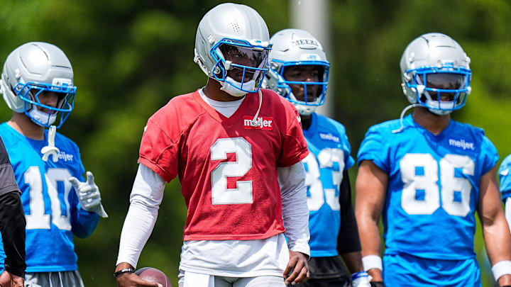 Detroit Lions quarterback Hendon Hooker (2) watches practice during OTA at Meijer Performance Center in Allen Park on Friday, May 30, 2025.