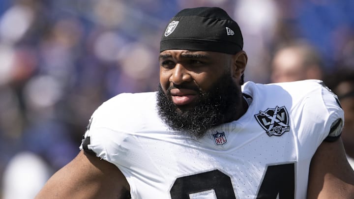 Sep 15, 2024; Baltimore, Maryland, USA;  Las Vegas Raiders defensive tackle Christian Wilkins (94) before the game against the Baltimore Ravens at M&T Bank Stadium. Mandatory Credit: Tommy Gilligan-Imagn Images