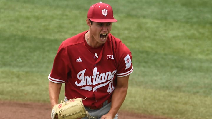 Indiana's Ty Bothwell (41) celebrates after striking out Southern Miss' Gabe Broadus (27) to end the third inning of the NCAA Baseball Tournament Knoxville Regional at Lindsey Nelson Stadium on Friday, May 31, 2024 in Knoxville, Tenn.