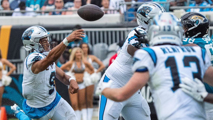 Carolina Panthers quarterback Bryce Young (9) unloads the ball during the fourth quarter of an NFL football game between the Carolina Panthers at Jacksonville Jaguars at EverBank Stadium Sunday September 7, 2025. Jaguars defeated the Panthers 26-10. [Doug Engle/Florida Times-Union]