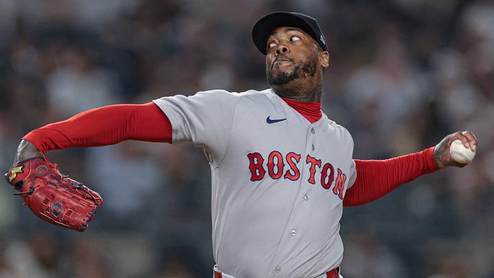 Jun 5, 2026; Bronx, New York, USA; Boston Red Sox pitcher Aroldis Chapman (44) delivers a pitch during the ninth inning against the New York Yankees at Yankee Stadium. Mandatory Credit: Vincent Carchietta-Imagn Images