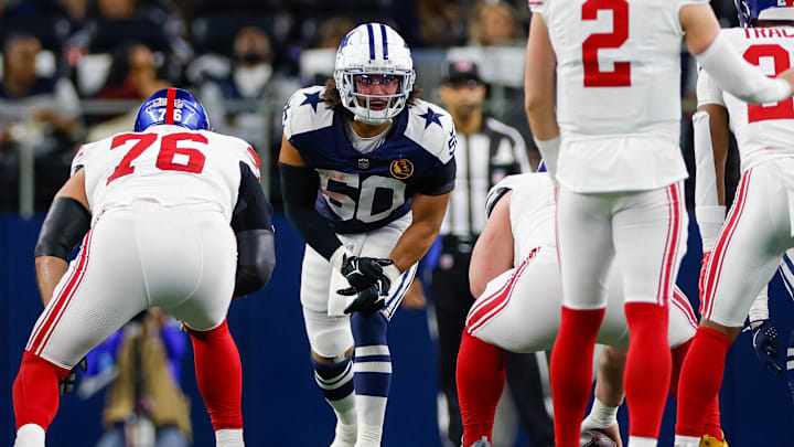 Dallas Cowboys linebacker Eric Kendrick lines up against the New York Giants.