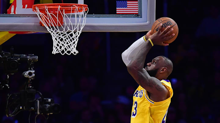 Apr 30, 2025; Los Angeles, California, USA; Los Angeles Lakers forward LeBron James (23) moves in for the dunk against the Minnesota Timberwolves during the second half in game five of first round for the 2025 NBA Playoffs at Crypto.com Arena. Mandatory Credit: Gary A. Vasquez-Imagn Images Apr 30, 2025; Los Angeles, California, USA; Los Angeles Lakers forward LeBron James (23) moves in for the dunk against the Minnesota Timberwolves during the second half in game five of first round for the 2025 NBA Playoffs at Crypto.com Arena. Mandatory Credit: Gary A. Vasquez-Imagn Images
