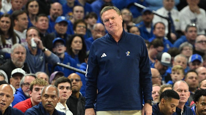 Dec 4, 2024; Omaha, Nebraska, USA; Kansas Jayhawks head coach Bill Self watches action against the Creighton Bluejays during the first half at CHI Health Center Omaha. Mandatory Credit: Steven Branscombe-Imagn Images