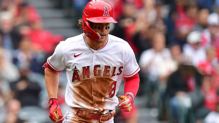Apr 12, 2023; Anaheim, California, USA; Los Angeles Angels center fielder Brett Phillips (8) draws a