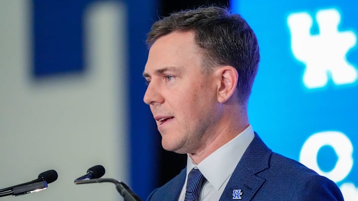 New Kentucky Wildcat head coach Will Stein makes remarks as he is introduced at Kentucky on Wednesday, December 3, 2025