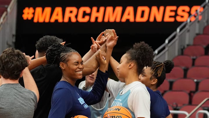 Rhode Island Rams prepare for practice at the KFC Yum! Center in Louisville, Kentucky, the day before their first-round matchup with Alabama in the first round of the NCAA Women’s Basketball Tournament. March 20, 2026